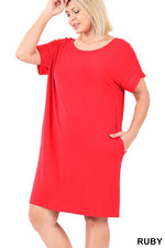Zenana Plus Size Rolled Short Sleeve Round Neck Dress