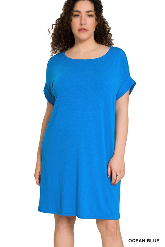 Zenana Plus Size Rolled Short Sleeve Round Neck Dress