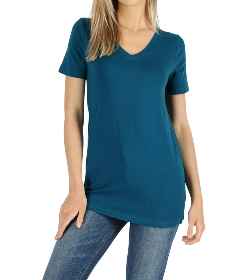 Zenana Short Sleeve Dark Blue Green V-Neck Tshirt