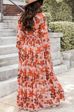 Orange Floral Long Sleeve Maxi Dress