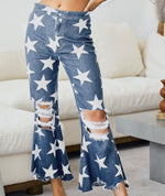 Distressed Detail Star Print Flare Jeans