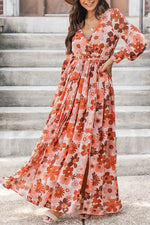 Orange Floral Long Sleeve Maxi Dress