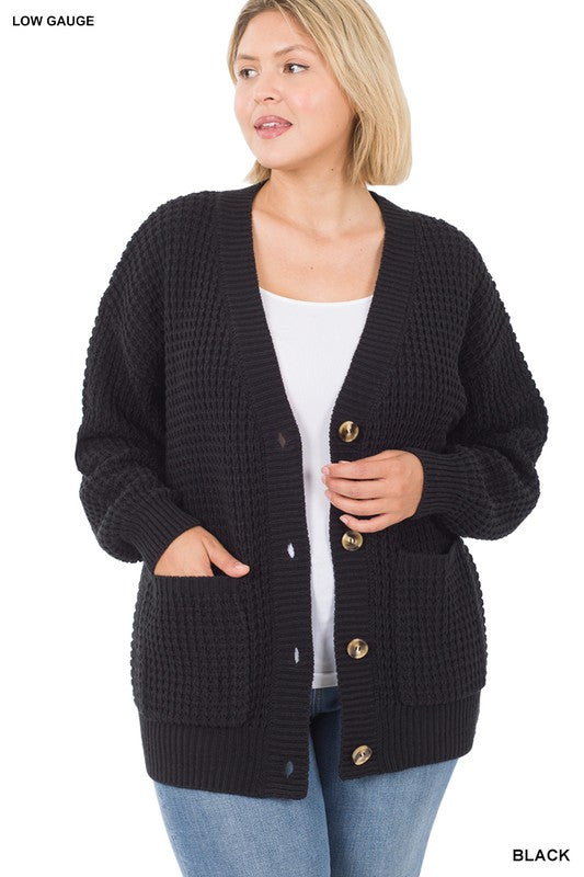 Plus Size Relaxed Fit Waffle Cardigan with Pockets