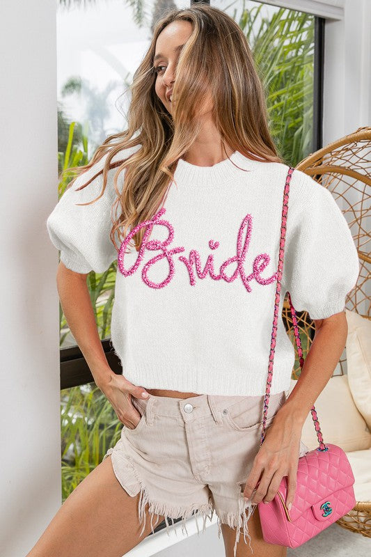 Metallic Letter "Bride" Puff Sleeve Fuzzy Sweater
