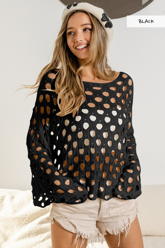 Hollowed Out Detailed Batwing Sleeve Knit Top