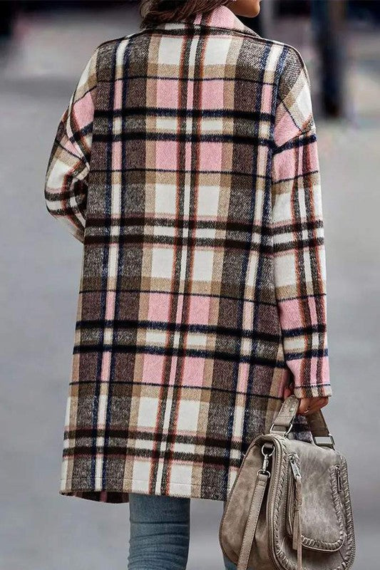 Pink Plaid Long Sleeve Flannel Coat