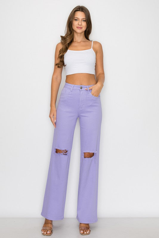 High Waisted Lavender Color Distressed Wide Leg Jeans