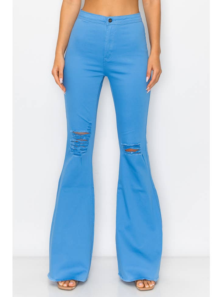High Waisted Sky Blue Color Distressed Bell Bottoms