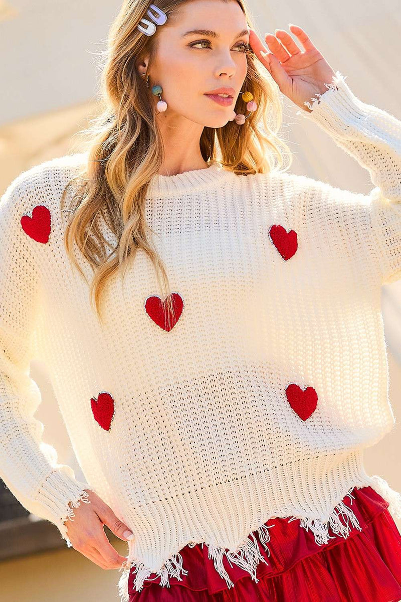 Round Neck Frayed Heart Patch Sweater