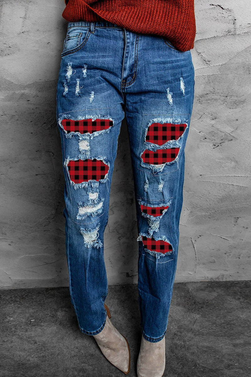 Buffalo Plaid Patches Ripped Straight Jeans