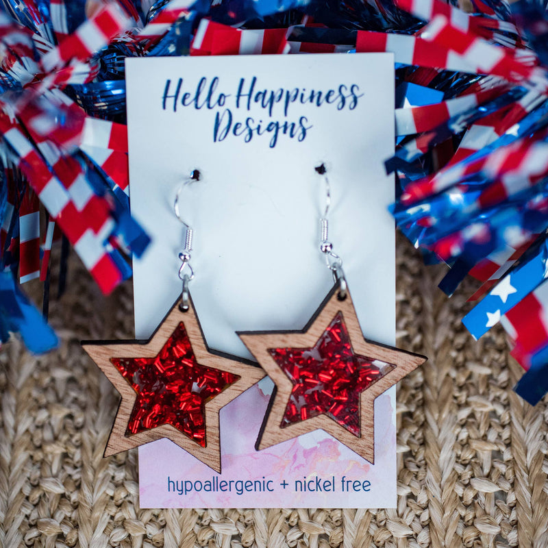 Americana Star Inset Dangle Earrings - Patriotic 4th of July