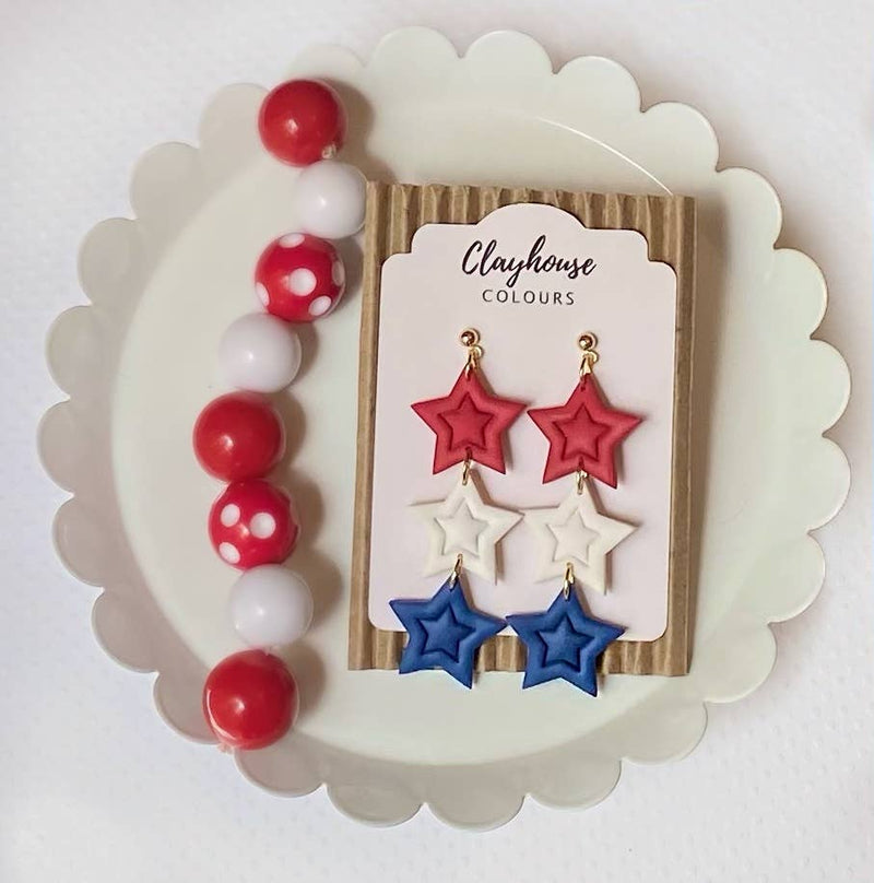 Red White And Blue Star Trio Clay Earrings
