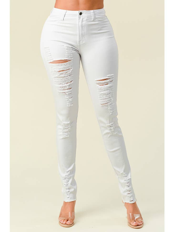 High Waisted Royal White Color Distressed Skinny Jeans