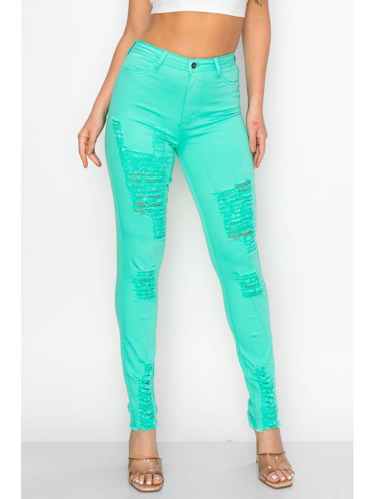 High Waisted Mint Color Distressed Skinny Jeans