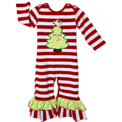 AnnLoren Baby Girl Boutique Happy Christmas Tree Red Striped Romper