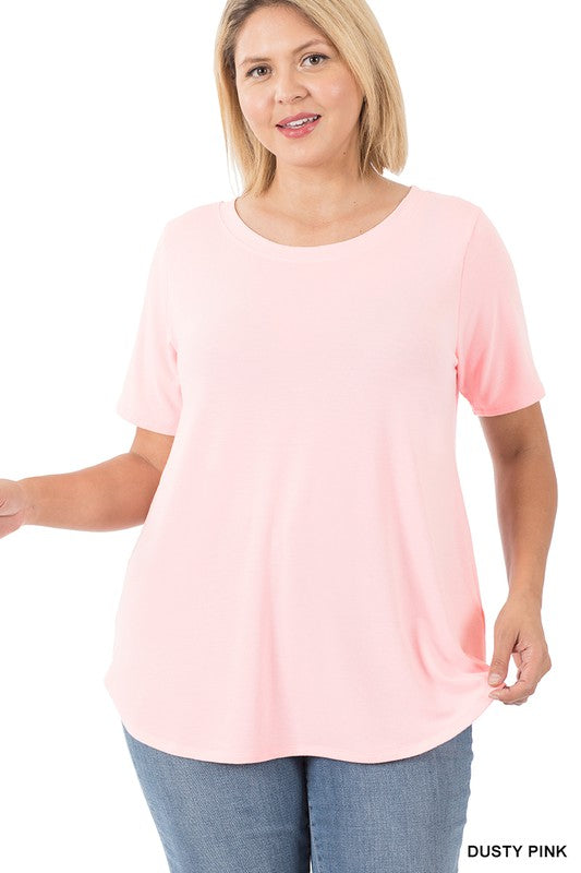Plus Size Dusty Pink Short Sleeve Round Neck Round Hem Top