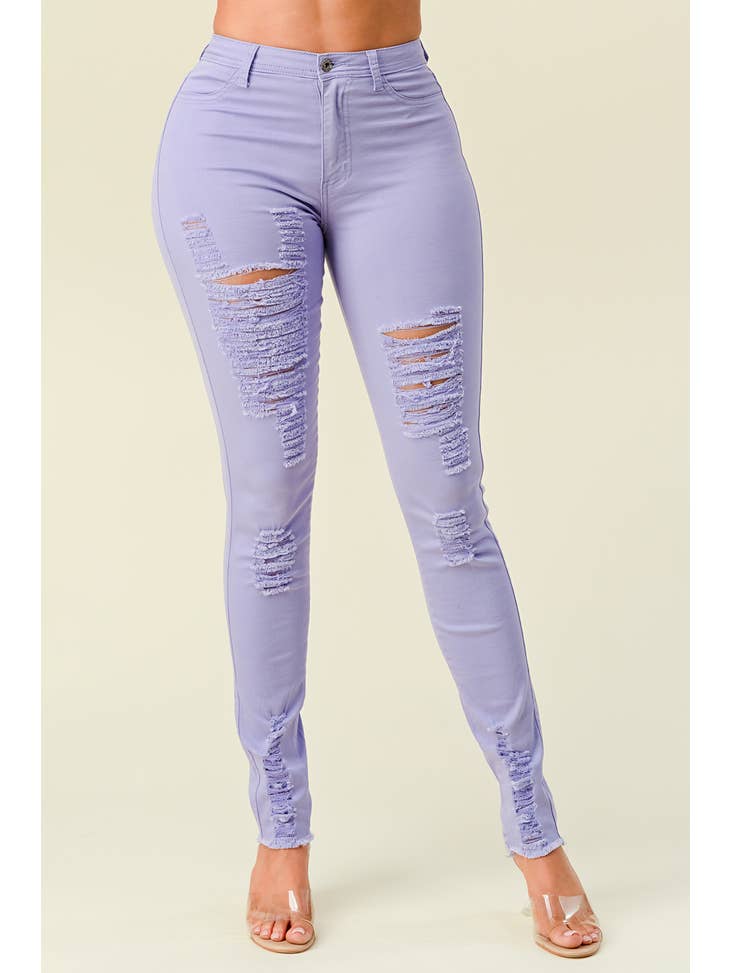 High Waisted Lavender Color Distressed Skinny Jeans