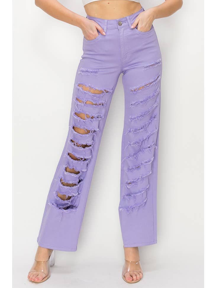 High Waisted Lilac Color Heavy Distressed Wide Leg Jeans