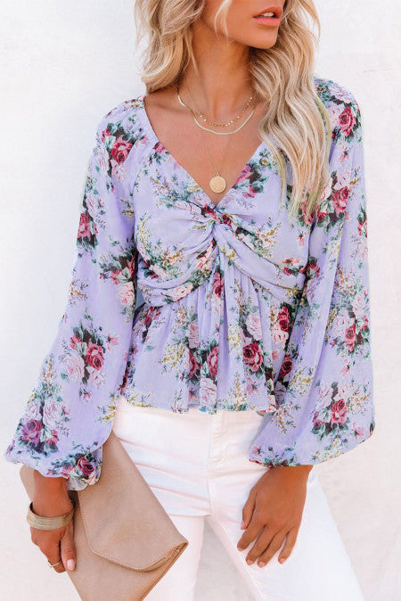 V Neck Balloon Sleeve Twist Front Floral Blouse Lilac
