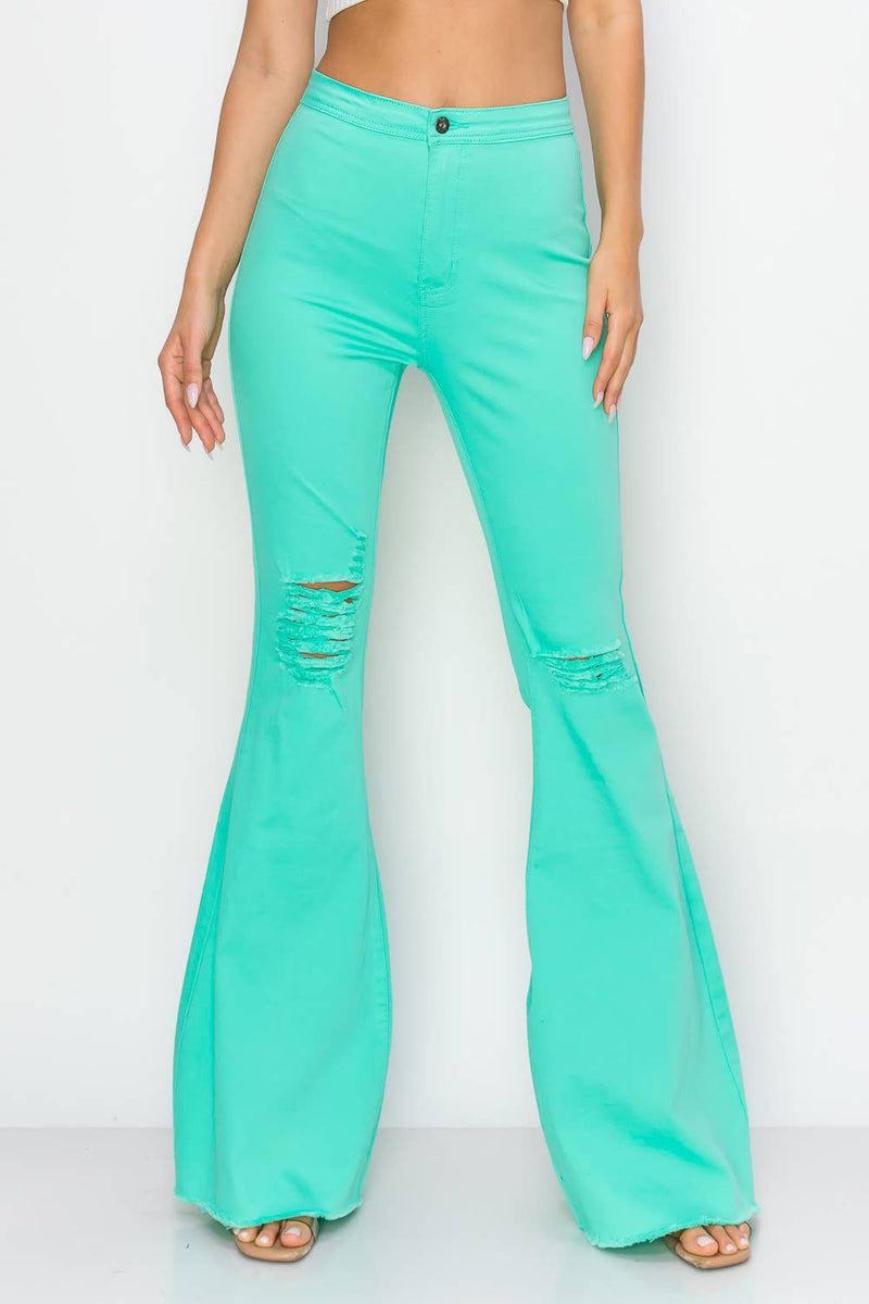 High Waisted Mint Color Distressed Bell Bottoms
