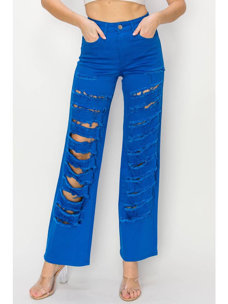 High Waisted Blue Color Heavy Distressed Wide Leg Jeans