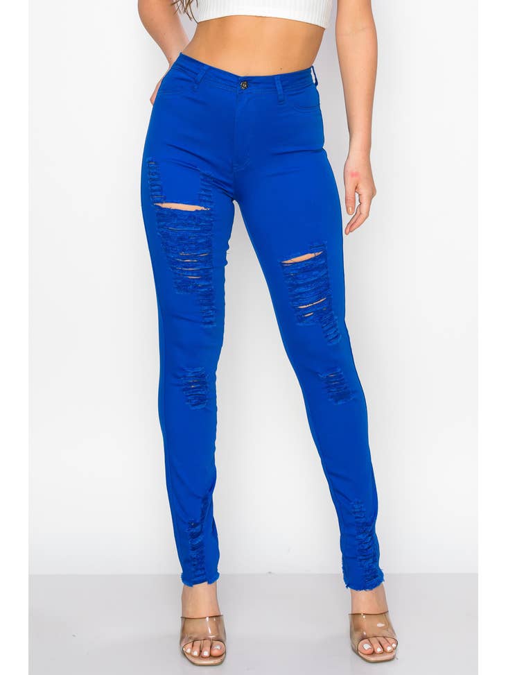 High Waisted Royal Blue Color Distressed Skinny Jeans