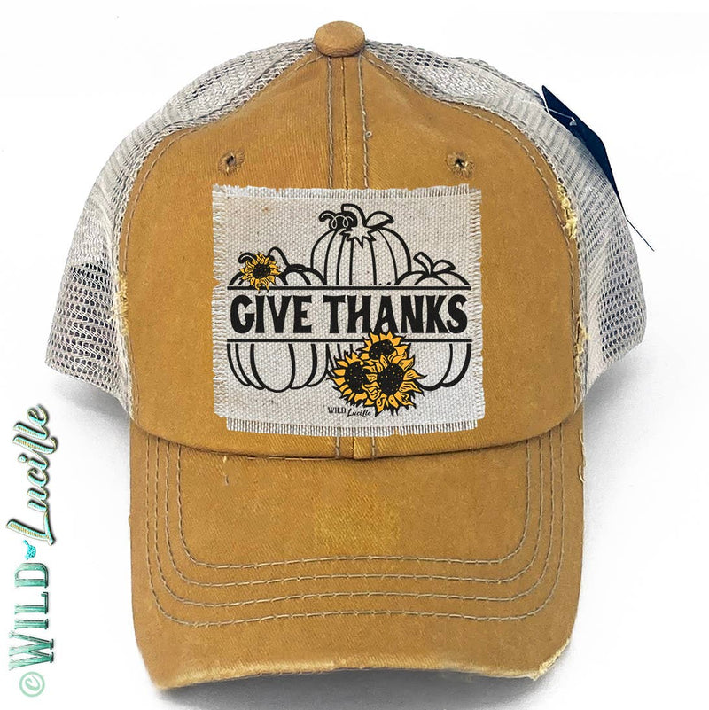 Give Thanks Pumpkins - Distressed Trucker Hat Caps