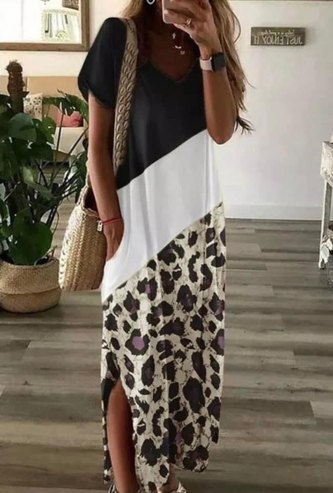 Color Block Leopard Print Maxi Dress