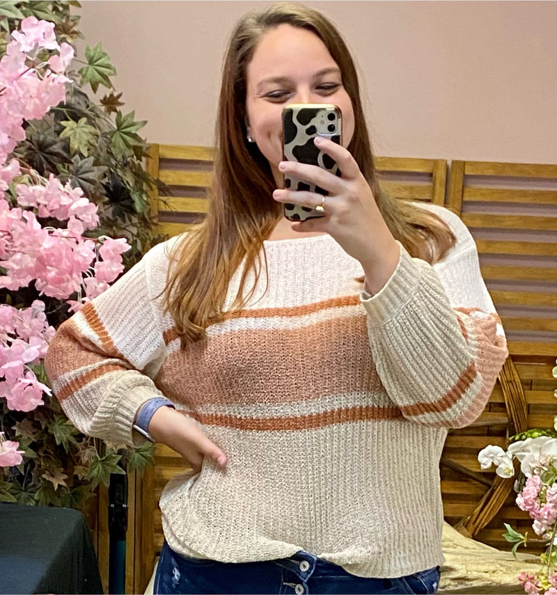 Plus Size White and Salmon  Knit Stripe Long Sleeve Top